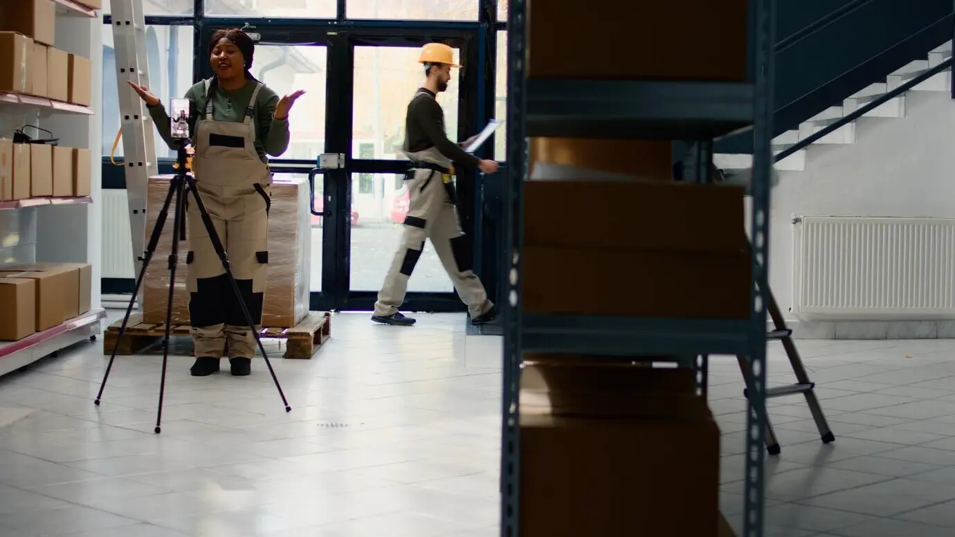 Lagermitarbeiter filmt Werbeinhalte